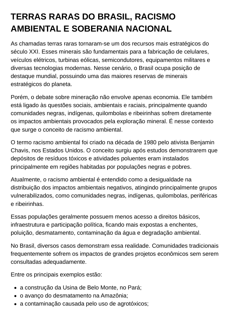 Capa do dossiê sobre terras raras, racismo ambiental e soberania nacional