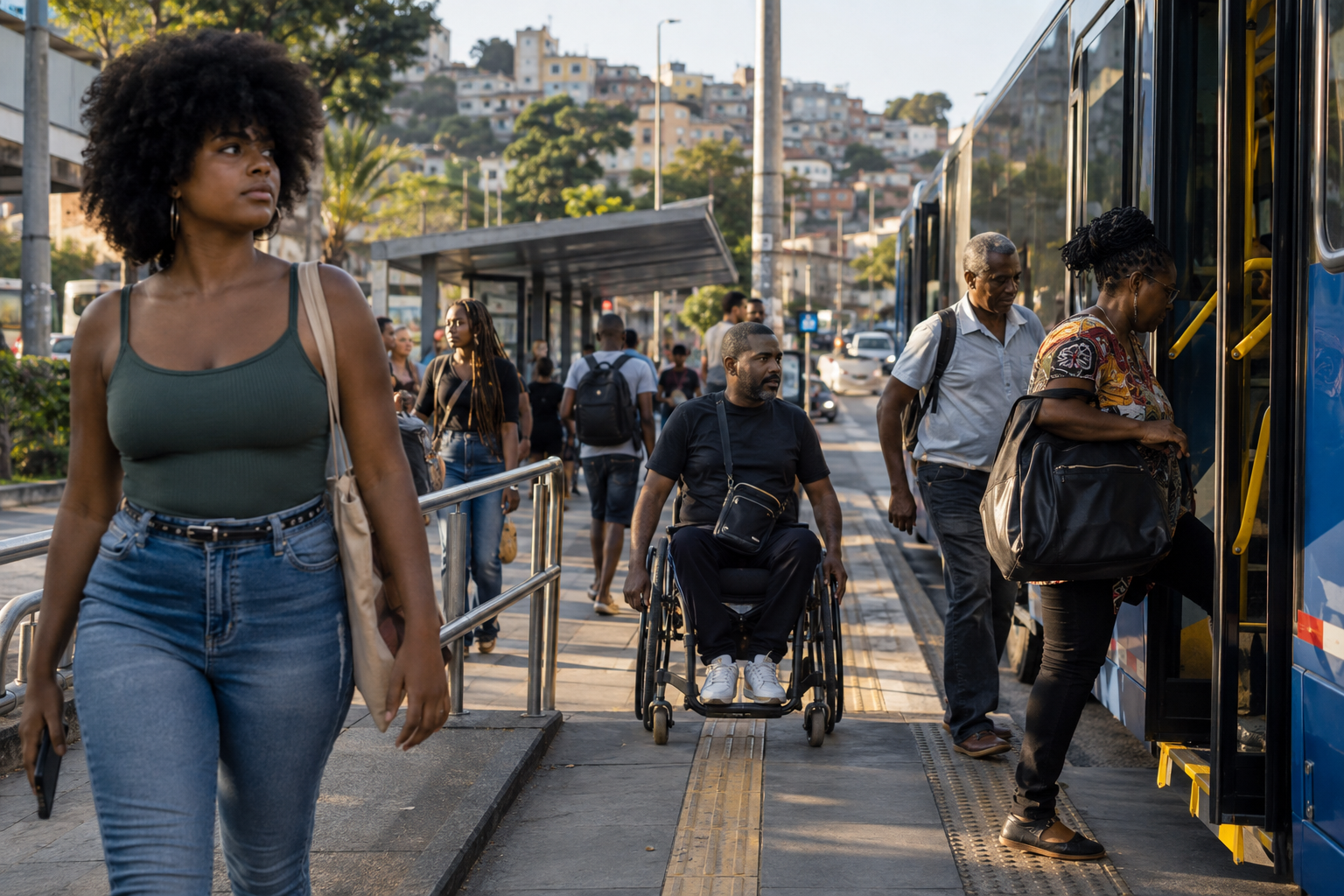 Pessoas negras usando transporte público em uma cidade brasileira