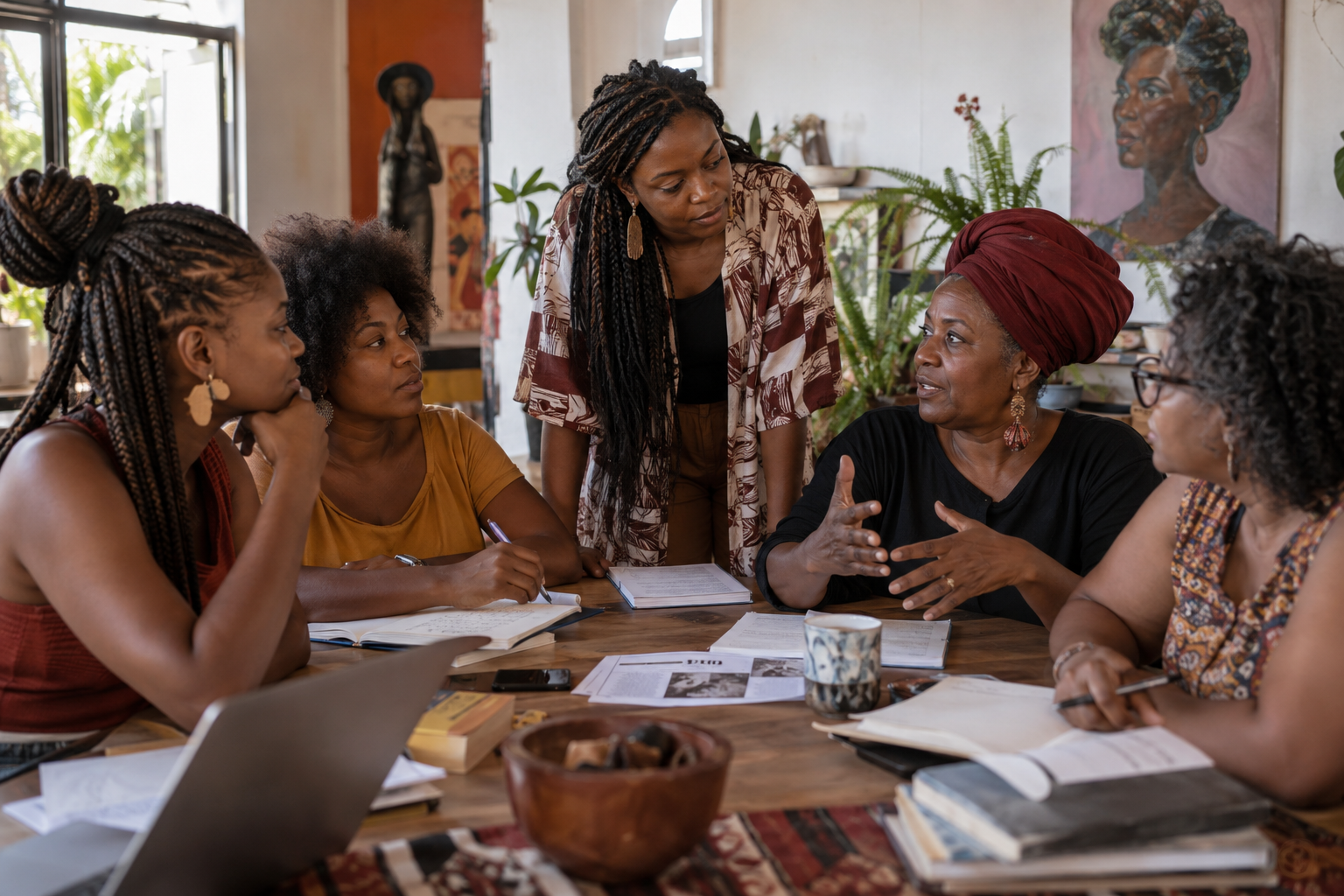 Mulheres negras reunidas em uma reunião de organização